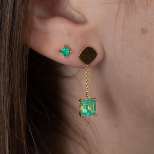Natural Colombian Emerald Square cut drop Earrings, Natural Emerald Drop 18k solid gold Earrings, Square Emerald Drop Earrings 18k gold