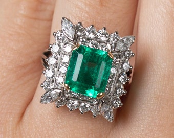 3.31 Carat Colombian Emerald & Diamond "Limon" Platinum Ring With A Round and Marquise Cut Natural Diamond Halo - Art Deco Emerald Ring