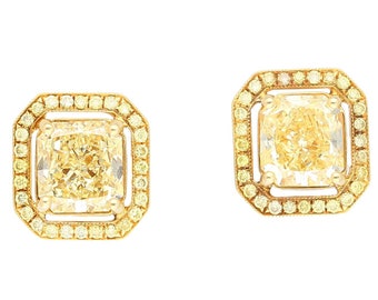 GIA Certified Natural 3 Carat Total Fancy Yellow Diamond Radiant Cut Stud Earrings in 18K Yellow Gold | 3CTW Yellow Diamond Halo Earrings