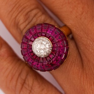 3.0 Carat Square Ruby & 0.30 Carat Diamond 18K Yellow Gold Button Cocktail Ring