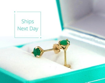 1/2 Carat Real Emerald Stud Earrings in 14K Solid Gold, 3.8mm Round Cut Natural Emerald Stud Earrings, 3-Prong Martini Green Emerald Earring