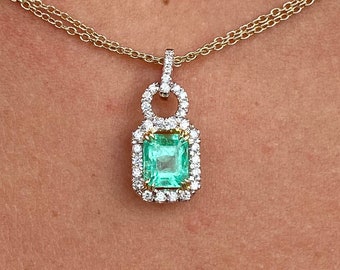 Natural Emerald Pendant and Diamond Halo in 18k Solid White Gold, Natural Colombian Emerald Pendant, Natural Emerald and Diamond Pendant