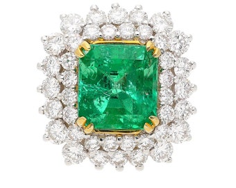 GRS certified 4.30 Carat Emerald-Cut Colombian Emerald and Diamond Cluster Ring, Natural 4 carat Emerald Ring, Colombian Emerald Ring