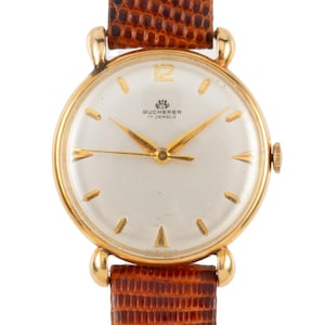 Vintage Bucherer Ref 50030 Mens 17 Jewels 33mm Manual Wind Watch in 18K Yellow Gold with Brown Leather Strap