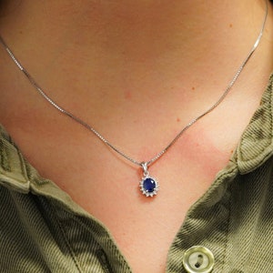 Natural 1.20 Carat Oval-Cut Blue Sapphire and Diamond Halo Pendant Necklace / Classic Star Shape Sapphire Pendant / Blue Sapphire & Diamond