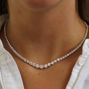 10 Carat Natural Diamond Graduated Tennis Necklace 18k White Gold 16.5 Inches / 4-Prong Round Link Riviera Tennis Necklace