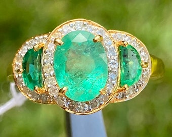 Art Deco Colombian Emerald Gold Ring, Natural Emerald and Diamond Ring, Vintage Colombian Emerald Ring, Art Deco Vintage Emerald Ring