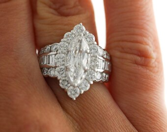 GIA Certified 1.50ct Marquise Diamond Platinum Halo Cocktail Ring