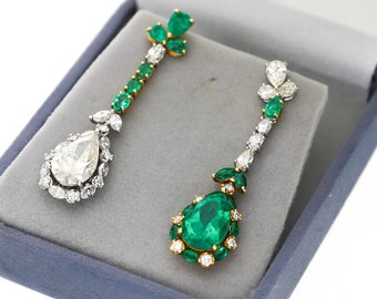 10 Carat Pear Shape Mirroring Colombian Emerald And Diamond Drop Earrings In 18K Two Tone Gold, Natural Emerald and Diamond Drop Earrings