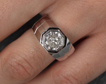 3 Carat Bezel Set Octagon Cut Solitaire Diamond Men's Ring in Textured Platinum | 3 Carat Lab Grown Diamond Solitaire Bezel Set Mens Ring