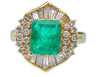 Vintage 1.62 Carat Colombian Emerald Ring with Natural Diamonds, Art Deco Colombian Emerald Ring, Natural Emerald Art Deco Ring
