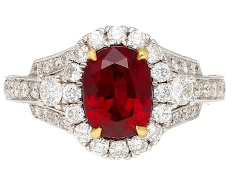 GRS Certified 2.20 carat Vivid Red Oval Cut Ruby & Diamond Retro Regal Style Vintage Ring in 18K White Gold | Vintage Retro Regal Ruby Ring