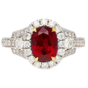 GRS Certified 2.20 carat Vivid Red Oval Cut Ruby & Diamond Retro Regal Style Vintage Ring in 18K White Gold | Vintage Retro Regal Ruby Ring