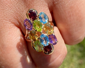 Kleurrijke edelsteenring in 14k massief goud, vintage edelsteenclusterring, topaas, peridot, granaat, amethist, citrien, 14k gouden clusterring
