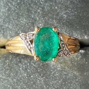 1 karaat natuurlijke smaragd ring/ovaal geslepen natuurlijke smaragd ring in 14k geel goud/retro ring van smaragd en diamant