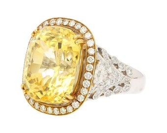GIA Certified Vintage No Heat 17 Carat Cushion Cut Yellow Sapphire And Diamond Halo Floral Filigree Cocktail Ring