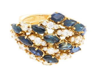 3.50 CT Marquise Cut Blue Sapphire and 1.0 CT Diamond Cluster Ring in 18K Yellow Gold | Marquise Cut Sapphire and Round Cut Diamond