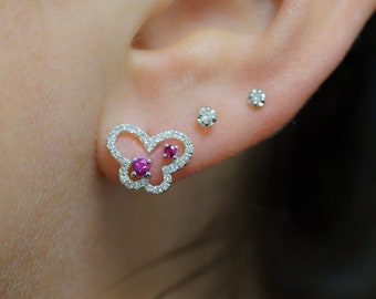 18K White Solid Gold Natural Ruby and Diamond Stud Dainty Open Butterfly Earrings Earring, Minimalist Earrings
