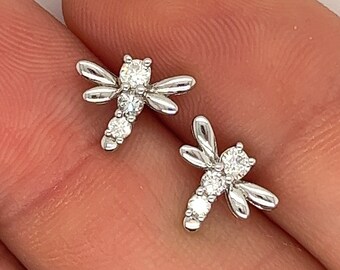 14K White Gold Dragonfly Real Diamond Stud Earrings, 14K Solid Gold & Natural Round Diamond Stud Earrings, Dragonfly Earring Gift