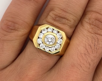 Vintage 1.5 Carat TW Natural Diamond Mens Ring, Mens Bezel Set Diamond Cluster Ring, 18K Gold Diamond Mens Ring, Mens 18k Diamond Pinky Ring