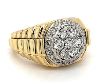 Signet Style Natural Round Diamond Cluster Mens Ring in 18k Gold