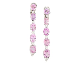 Pink Sapphire Dangle Earrings | Platinum Set Color Changing Pink Sapphire Natural Padparadscha Dangle Earrings | GIA & GRS Certified