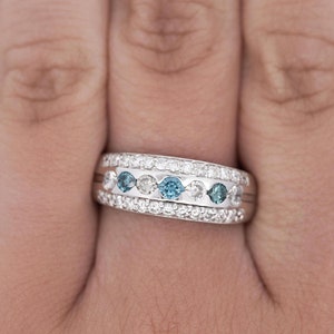 Natural 1.16 Carat White and Blue Round Brilliant Cut Three Row Diamond Channel and Pave Setting in Size 8.50 Platinum 900 Band Ring