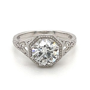 Octagonal Edwardian Vintage Setting 1.5 Carat Round Cut Lab Grown Diamond | 14K White Gold Edwardian Octagon 8-Prong Halo 1.5ct Diamond Ring