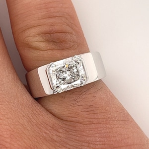 3 Carat Radiant Cut Diamond East West Ring, Half Bezel 3ct Lab Grown Diamond Ring in 14kt white gold, Radiant Diamond Solitaire Ring