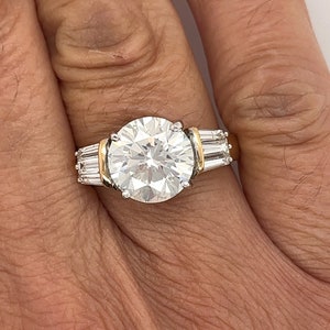 Natural 4.21 Carat Round Cut Diamond Engagement Ring With Baguette Cut Diamond Side Stones in Two Tone 18k Gold, EGL certified 4CT Diamond