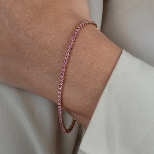 14K Rose Gold Runde Rosa Saphir Tennis Armband, Rosa Edelstein Tennis Armband für Frauen, Rotgold Saphir Armband für sie, 7 Zoll