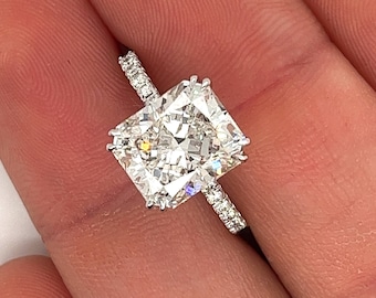 IGI Certified 4.15 Carat Radiant Cut Lab Grown Diamond Ring in 18K White Gold, 4 Carat Elongated Radiant Cut Engagement Ring | G/VS1