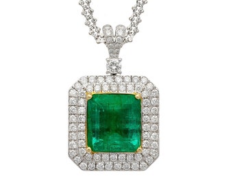 GIA Certified 6.33 Carat Colombian Emerald Pendant Necklace in 18K White Gold with Diamond Halo Setting | 6CT Minor Oil Colombian Emerald