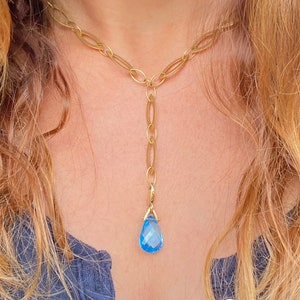 Blue Topaz Lariat Necklace, 8.00 Carat Pear Shape Blue Topaz Drop Pendant Necklace in 18k Yellow Gold, Pear Shape Pendant Lariat Necklace