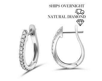 Natural 4/10 CTTW Diamond Hoop Earrings in 14k Solid Gold / Classic Curved Diamond Hoop Earring / 0.40CT TW White Diamond Hoop Earrings