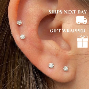 Small Genuine Diamond Stud Earrings / 2.5mm Natural TIny Diamond Stud Earrings in 14k White Gold Plated Silver, Small Diamond Studs