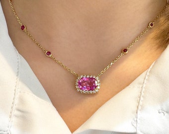 GRS Certified 5.10 Carat No Heat Ceylon Sapphire, Ruby, & Diamond Necklace Crafted in 18k Yellow Gold; Multi-stone Necklace