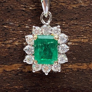 Emerald Cut Natural Emerald and Diamond Pendant, Natural Emerald Pendant, Emerald and Diamond Necklace, Women's Natural Emerald Necklace