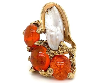 Anello vintage in madreperla con opale arancione fuoco e lavanda, anello con motivo barriera corallina strutturato in oro 14K con opale di fuoco messicano e MOP