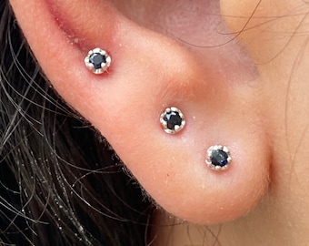 Tiny Black Sapphire Earrings / Tiny Black Studs in Sterling Silver / Jewelry Gift for girlfriend / Natural Black Sapphire Small Stud Earring