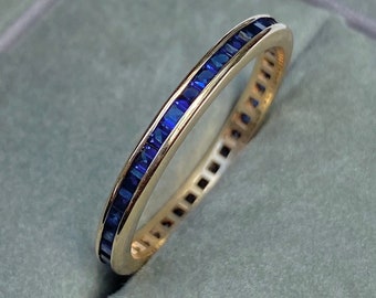 Thin Blue Sapphire Square Cut Band / 14k Gold Blue Sapphire Band / Baguette Cut Blue Gemstone Stacking Band / Size 8 All the way around