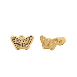 14K Solid Yellow Gold Minimalist Butterfly Stud Earrings with Screw-Back Closure