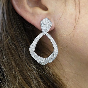 5.1 Carat Natural Round Cut Diamond Pave Set in 14K White Gold Open Clip on Vintage Drop Earring