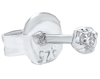 Pendiente de un solo perno de diamante natural diminuto / Pendiente de perno de diamante genuino de 2,5 mm en plata de ley 925 chapada en oro blanco de 14 k Push Back (regalo)