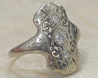 Antique Edwardian Platinum and Diamond Ring/ Antique Edwardian Carved Platinum Ring/ Platinum Vintage Ring (hypoallergenic)