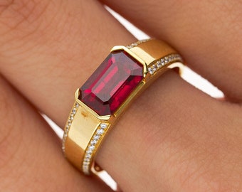 2.09 Carat Vivid Red Pigeon's Blood Burma Ruby Emerald Cut East-West Ring / Half Bezel Set Emerald Cut Ruby Ring / Unisex Ruby Ring