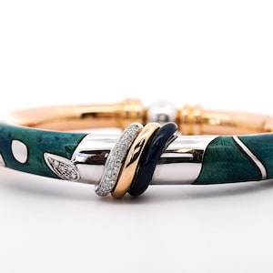 Nouvelle Bague Signed Diamond and Enamel 54 Gram Hinged Bangle Bracelet / Vintage Retro 18K Gold Heavy Enamel Bangle