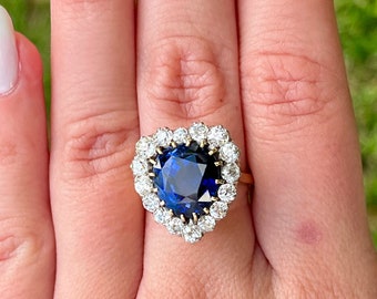 9 Carat No Heat Ceylon Blue Sapphire with Old Euro Cut Diamond Halo in Vintage 14k Textured Carved Gold Ring | Heart Shape | AGL Certified