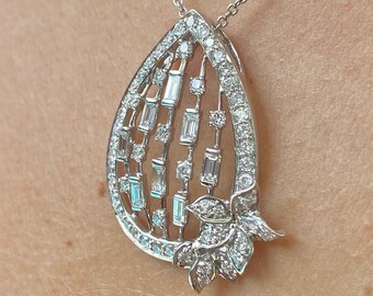 Natural Diamond Chandelier Pendant in 18k White Gold / Genuine Diamond Flower Pendant and Art Deco Necklace Antique European Gold Necklace