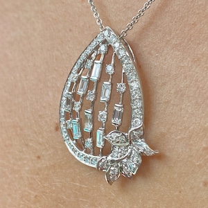 Natural Diamond Chandelier Pendant in 18k White Gold / Genuine Diamond Flower Pendant and Art Deco Necklace Antique European Gold Necklace